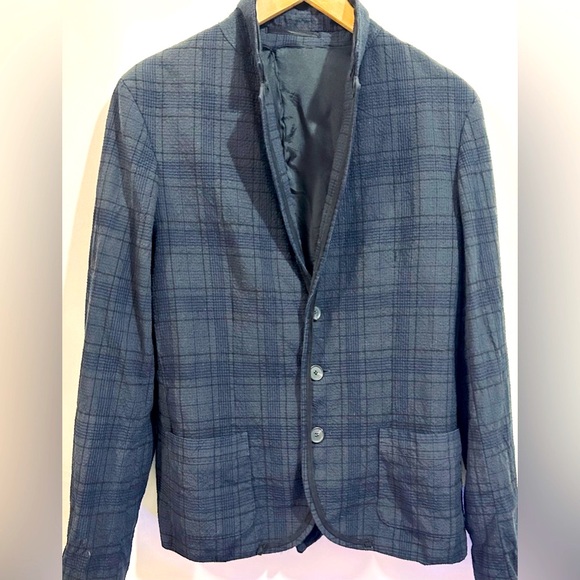 LANVIN x H&M Blue & Black Plaids Seersucker Slim Fit Jacket Blazer Mens38R